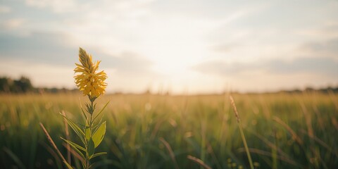 Naklejka premium Sunlit wild meadow flora during summer evening, highlighting natural scenery and plant resilience