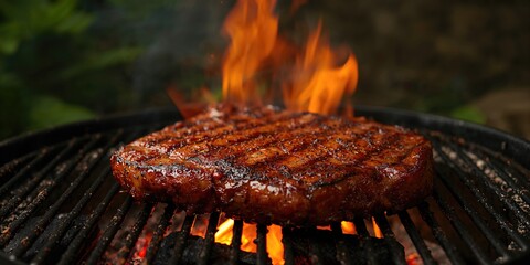 Large marinated pork steak cooked over open fire in summer, highlighting outdoor barbecue style
