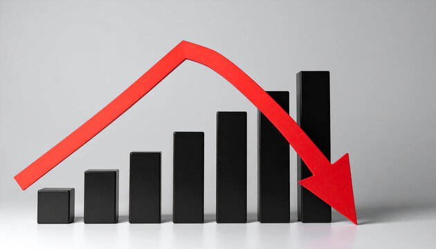Minimalist black cubes bar graph with red arrow plunging downward. Financial decline, business risk