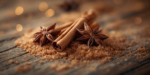 Spice ingredients cinnamon sticks and star anise on sugar, flavor preparation