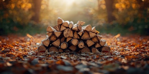 Detailed shot of cut firewood on a bed of dried leaves, focusing on wood storage for outdoor heating