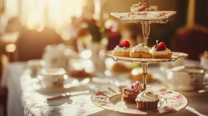 Elegant dessert display delicate cream pastries with fruit