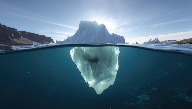 A cross-sectional perspective of an iceberg in Scoresbysund Fjord with Red Island behind, highlighting natural landscape preservation