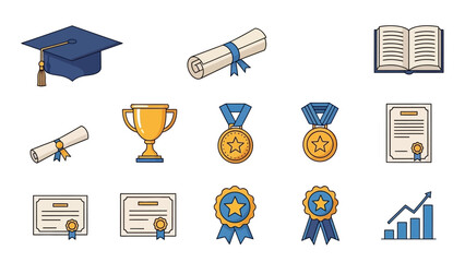 Diverse graduation icons representing education achievement and academic progression with success