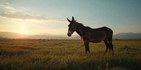 Grazing African mule in a natural landscape, highlighting animal activity in open terrain
