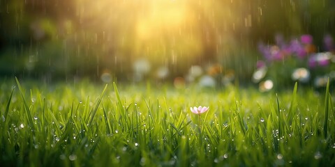Naklejka premium Green grass illuminated by sunset or sunrise after rain, serving as a natural background for text or design elements