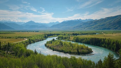 Naklejka premium Montana river seen from above with surrounding landscape highlighting erosion risk