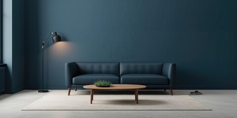 Dark leather sofa against a deep blue wall, serving as a background for interior design, World Architecture Day