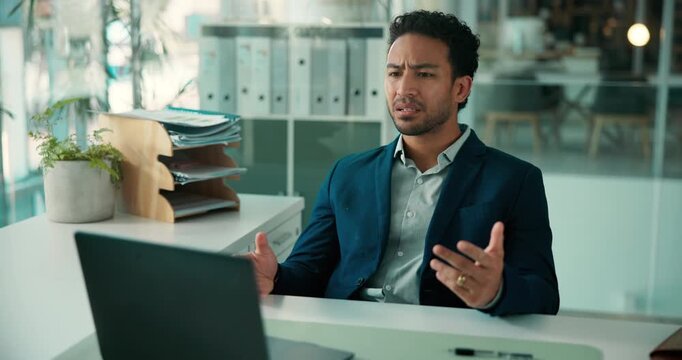 Laptop, business man and frustrated in office for stock market crash, financial loss and plummet. Trader, professional and stress with tech at desk for 404 glitch, trading mistake and bad investment