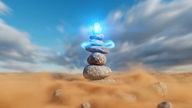 Rocks Stacked With Glowing Runestone Emit Energy in a Desert Landscape