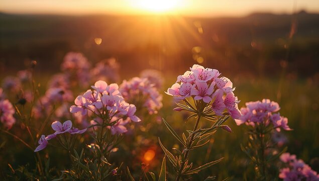 Lychnis Viscaria blooms during summer evenings with warm sunset hues, highlighting their natural beauty in a floral setting