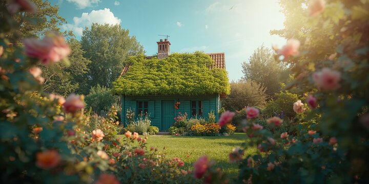 Overgrown summer garden featuring a teal wooden dacha and flowering plants, highlighting gardening and plant care