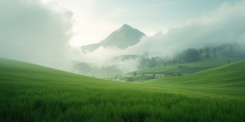 Naklejka premium Wide view of a rural field and mountain range with misty atmosphere, ideal for layout backgrounds, World Environment Day