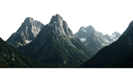 majestic, monumental mountain range featuring jagged granite peaks, textural emerald forest, and sparse snow, placed against a brilliant white studio background. concept of untamed nature and scale