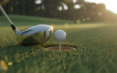 Golf club poised to strike ball on tee near hole at sunset