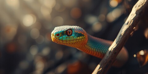 Fototapeta premium Macro shot of a venomous snake's head partially concealed by sparse vegetation, highlighting natural concealment strategies