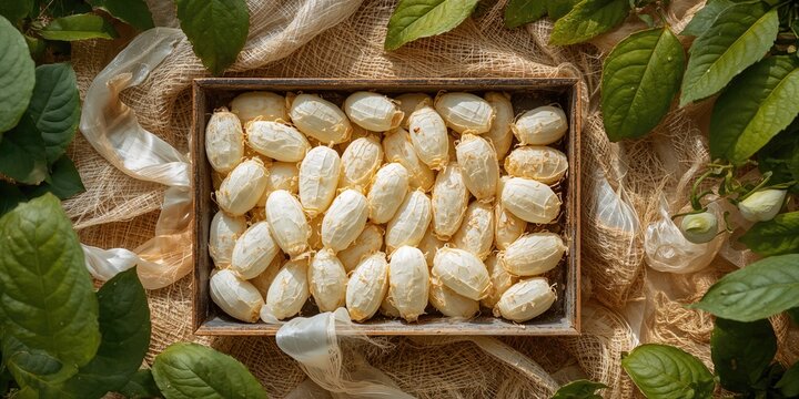 Silk worm cocoon on tray, highlighting natural fiber harvesting process