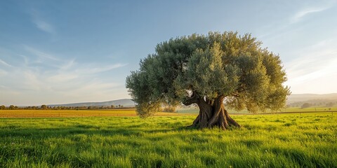 Naklejka premium Olive trees and lush grass in a rural landscape, suitable for use as a natural background or landscape layout image