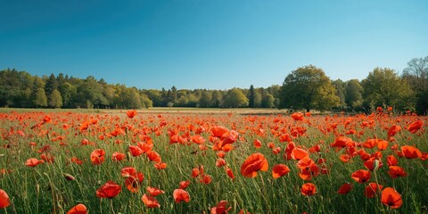 Red poppies blooming against a summer sky, natural landscape with trees and leaves, suitable for nature-themed backgrounds