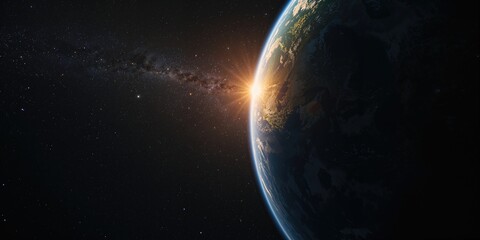Earth seen from space with sunrise glow over the planet, space exploration theme