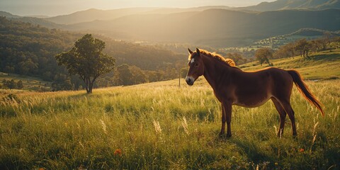 Fototapeta premium Australian brumby in a forest clearing with dense foliage and grassy terrain, highlighting wildlife environment