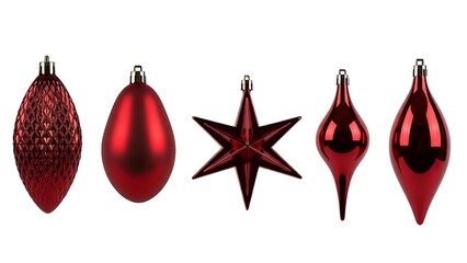 Five red christmas ornaments with different shapes and textures isolated on white