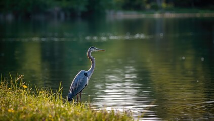 Naklejka premium Feathered heron near water in a green and blue park setting, highlighting urban wildlife conservation