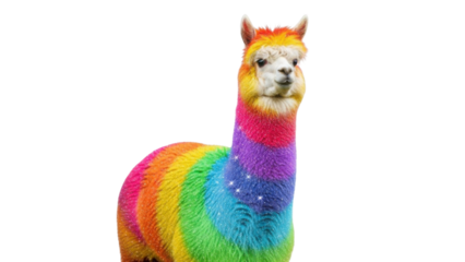 Vibrant Rainbow Colored Alpaca Standing isolated PNG with Transparent Background