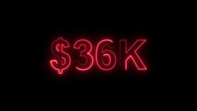 Neon line bright 36k followers isolated red color animation on black background. Vibrant neon shiny 36k text red color animation digits for high-resolution. 