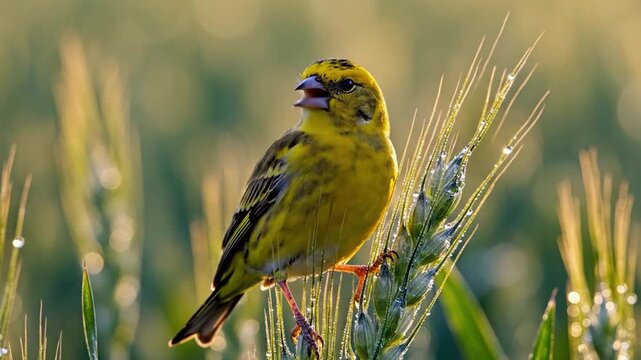 Golden Weaver Bird Perched on Wheat Stalk in Field at Sunset.