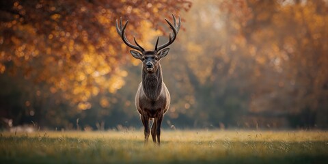 Close-up of a red deer stag during autumn in the UK, seasonal rutting behavior