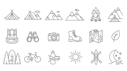 Line art icons symbolizing outdoor adventure, nature exploration and recreational activities