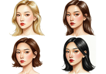 Refined watercolor quadriptych of a young east asian woman demonstrating four seasonal color analysis palettes (spring, summer, autumn, winter) on a white background. Concept of personalized beauty