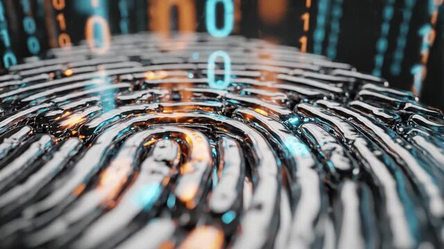 Close up of a metallic fingerprint scan with glowing binary code data stream in the background for security concept