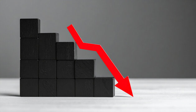 Minimalist black cubes bar graph with red arrow plunging downward. Financial decline, business risk