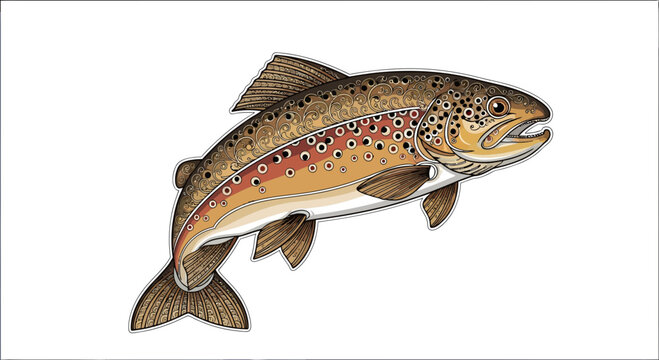 Detailed digital illustration of a brown trout leaping, showcasing intricate scale details and