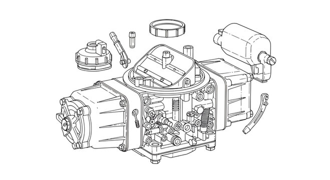 Detailed engineering illustration of a carburetor system showcasing precision components