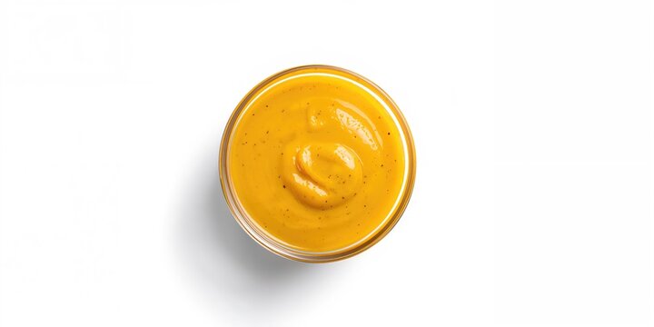 Homemade Dijon mustard sauce in a glass bowl on white background, used for condiment preparation