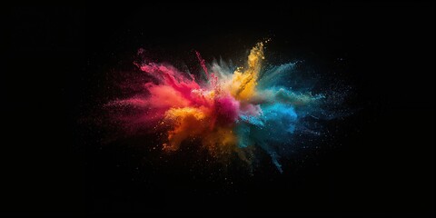 Obraz premium Colorful dust explosion in slow motion against a black background, visual impact and particle movement