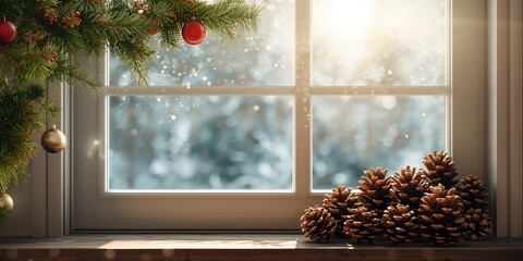 Cones on a window pane adjacent to pine branches, holiday decoration element
