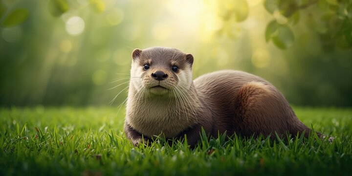 Otter Mustelidae Lutrinae enjoying warm summer light in a grassy environment, highlighting wildlife behavior