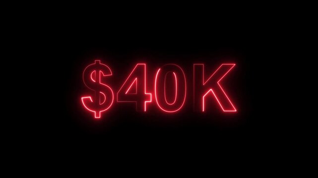 Neon line bright 40k followers isolated red color animation on black background. Vibrant neon shiny 40k text red color animation digits for high-resolution. 