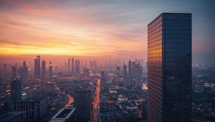 Fototapeta premium Skyscrapers with reflective surfaces, urban skyline background for structural study