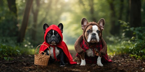 Fototapeta premium French Bulldog dressed as Little Red Riding Hood and Wolf among trees, highlighting costume play