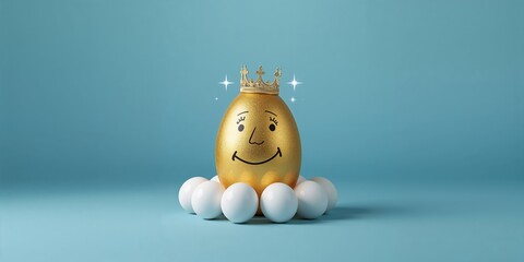 Humorous golden egg with a crown among white eggs, highlighting playful character, International Egg Day