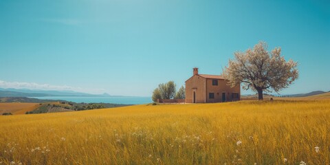 Naklejka premium Mallorca rural scenery featuring agricultural land and rustic architecture, ideal for editorial header background