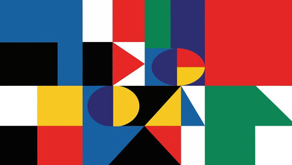 Dynamic geometric composition featuring bold primary colors and diverse shapes and patterns