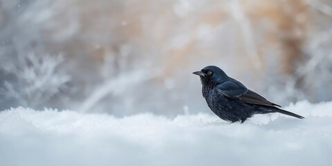 Fototapeta premium Blackbirds searching for food in winter snow, seasonal foraging behavior