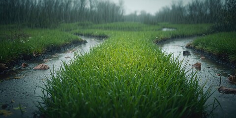Naklejka premium Lush grass thriving in wetland environment, highlighting seasonal moisture impact on plant life