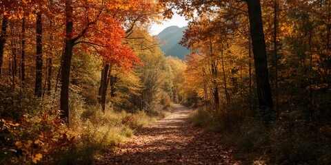 Obraz premium Autumn woodland trail with colorful foliage, ideal for outdoor activities and nature exploration